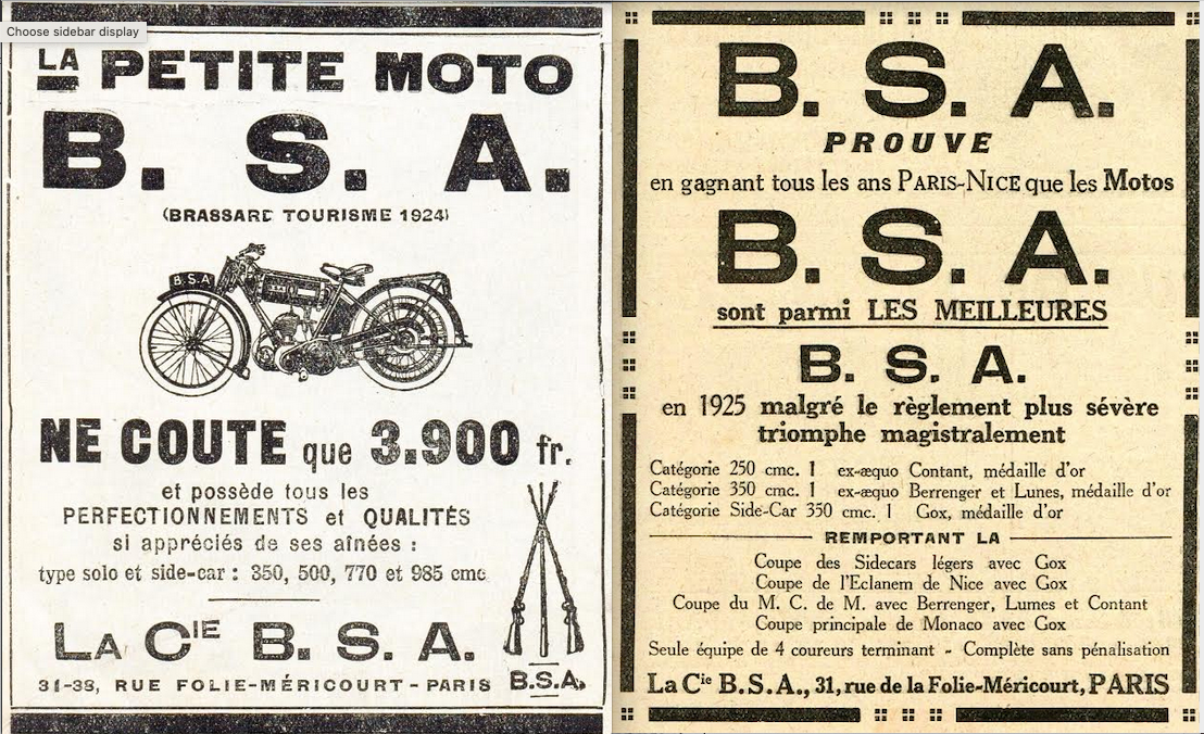 1925 BSA FRANCE ADS