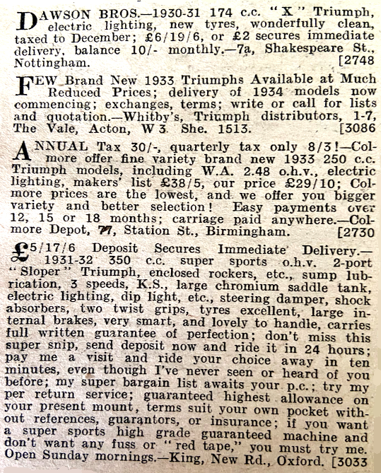 1933 TRIUMPH LINAGE ADS