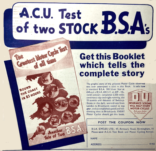 1939 BSA MARATHON FRONT PG AD